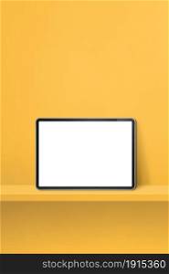 Digital tablet pc on yellow wall shelf. Vertical background banner. 3D Illustration. Digital tablet pc on yellow wall shelf. Vertical background banner