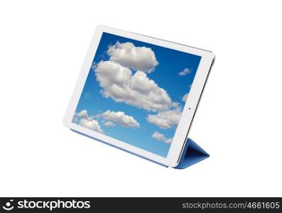 Digital tablet pc with images of a beautiful sky with clouds isolated on a white background