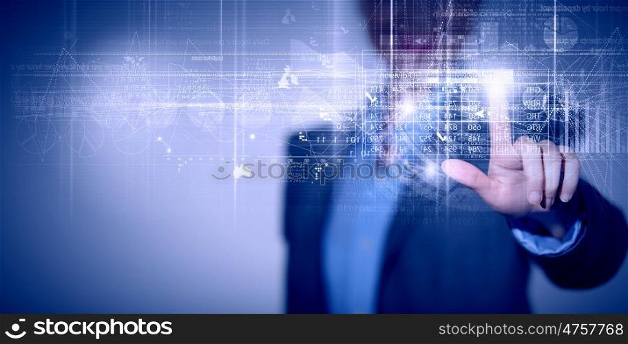 Digital technlogies in use. Portrait of businesswoman touching virtual panel with finger