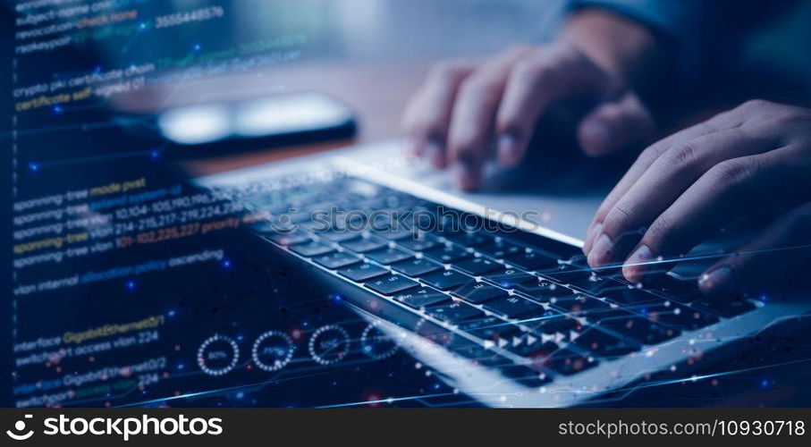 Digital technology, Coding programmer and cyber security, Software development, javascript on virtual screen, internet of things IoT.