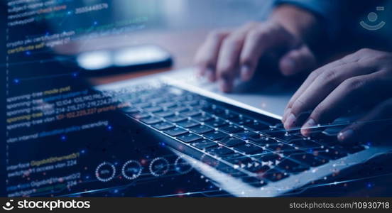 Digital technology, Coding programmer and cyber security, Software development, javascript on virtual screen, internet of things IoT.