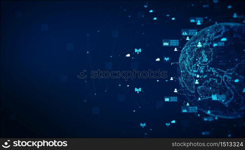 Digital Technology Network Data and Communication Concept Abstract Background. Earth element furnished by Nasa