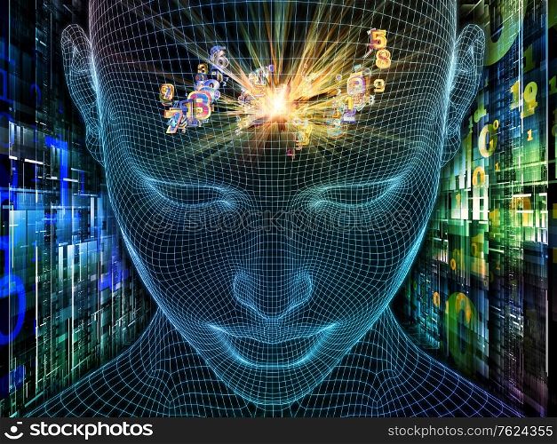 Digital Thoughts. Lucid Mind series. Backdrop of 3D rendering of glowing wire mesh human face for use in projects on artificial intelligence, human consciousness and spiritual AI