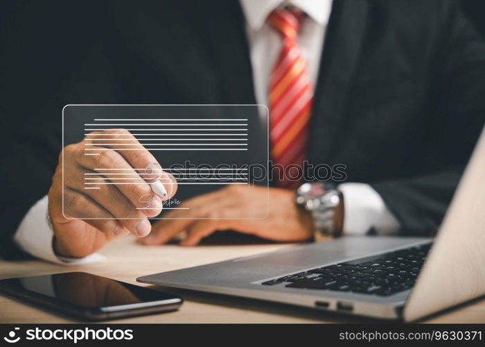 Digital transformation Businessman signs electronic documents on virtual screen using pen. electronic signature concept, effective business management, digital environment. Agreement is established.