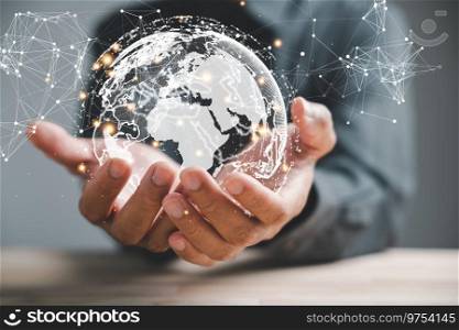 Digital Transformation of Business, A businessman holds a globe, illustrating seamless connection enabled by technology. Big data analytics and business intelligence drive evolution of global economy.