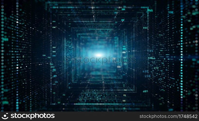 Digital tunnel of cyberspace with particles and Digital data, Technology network connections background concept.