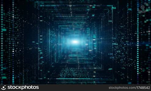 Digital tunnel of cyberspace with particles and Digital data, Technology network connections background concept.