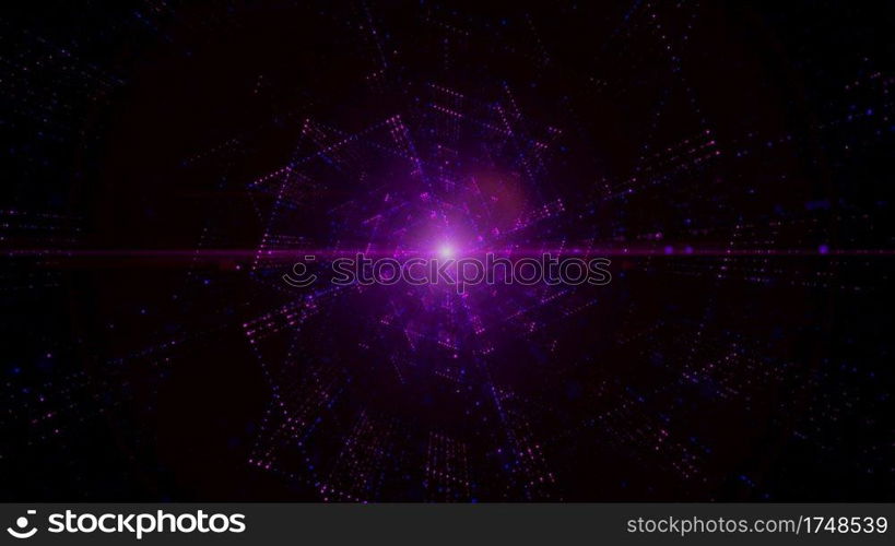 Digital tunnel of cyberspace with particles and lighting, Technology network connections abstract background concept.