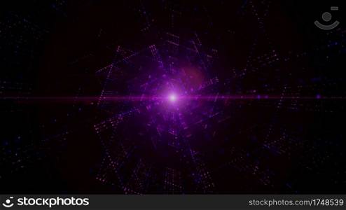 Digital tunnel of cyberspace with particles and lighting, Technology network connections abstract background concept.