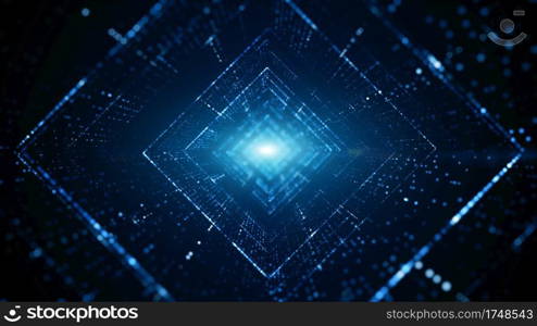 Digital tunnel of cyberspace with particles and lighting, Technology network connections abstract background concept.