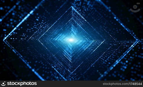 Digital tunnel of cyberspace with particles and lighting, Technology network connections abstract background concept.