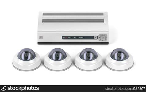Digital video recorder and dome surveillance cameras on white background