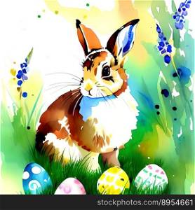 Digital Watercolor Easter bunny with Easter eggs. Ai art. Digital Watercolor Easter bunny with Easter eggs