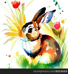 Digital Watercolor Easter bunny with Easter eggs. Ai art. Digital Watercolor Easter bunny with Easter eggs