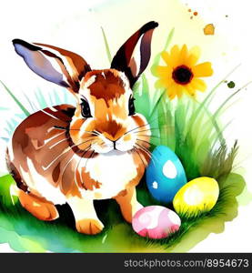 Digital Watercolor Easter bunny with Easter eggs. Ai art. Digital Watercolor Easter bunny with Easter eggs