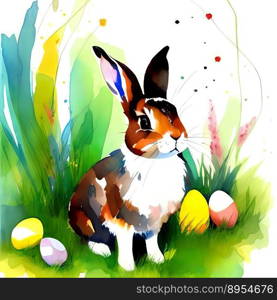 Digital Watercolor Easter bunny with Easter eggs. Ai art. Digital Watercolor Easter bunny with Easter eggs