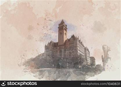 Digital Watercolor Old post office washington DC, United States, USA downtown, Architecture and Landmark with transportation concept, illustration and art concept