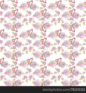 digital watercolor painting of seamless pattern with roses and flamingo birds on white background.