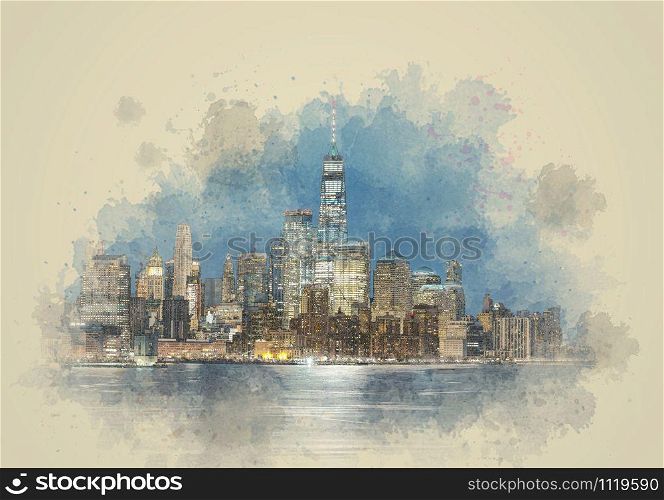 Digital Watercolor Panorama New york cityscape river side, USA, Architecture and building with tourist, illustration and art concept