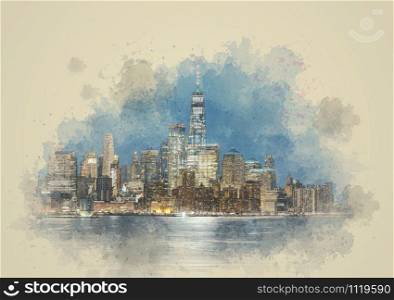 Digital Watercolor Panorama New york cityscape river side, USA, Architecture and building with tourist, illustration and art concept