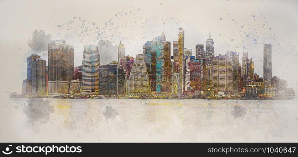 Digital Watercolor Panorama scene of New York Cityscape with Brooklyn Bridge beside the east river, USA downtown skyline, Architecture and building with tourist, illustration and art concept