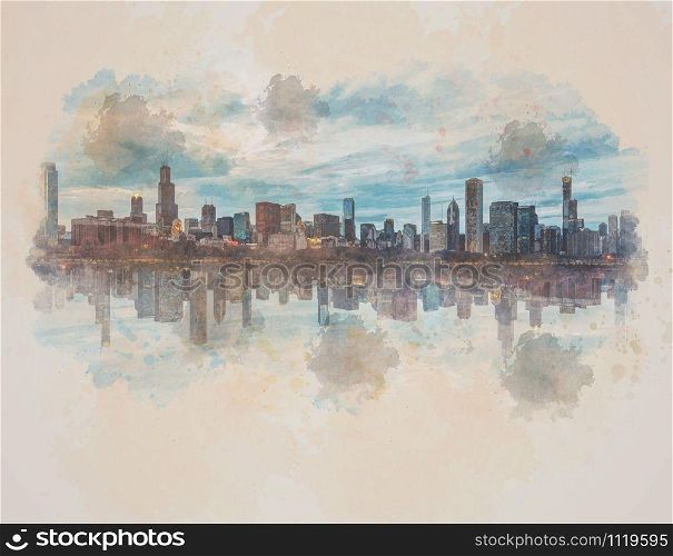 Digital Watercolor Scene of Chicago Cityscape river side, Illinois, United States, Reflection with opposite, Business Architecture and building with tourist, illustration and art concept