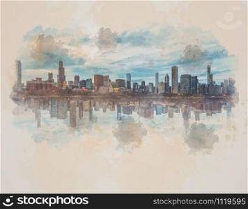 Digital Watercolor Scene of Chicago Cityscape river side, Illinois, United States, Reflection with opposite, Business Architecture and building with tourist, illustration and art concept
