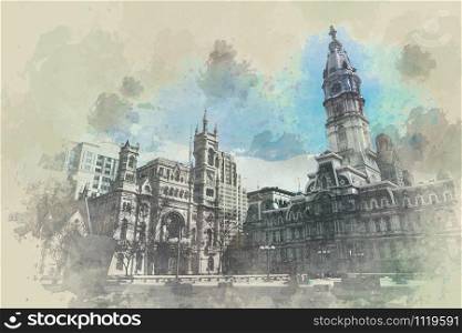 Digital Watercolor Scene of Philadelphia city hall, Masonic Temple and Arch Street United Methodist Church, Architecture and building with tourist, illustration and art concept