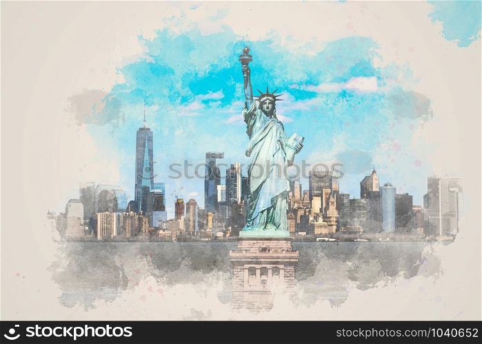 Digital Watercolor The Statue of Liberty over the Scene of New York cityscape river side which location is lower manhattan,Architecture and building with tourist, illustration and art concept