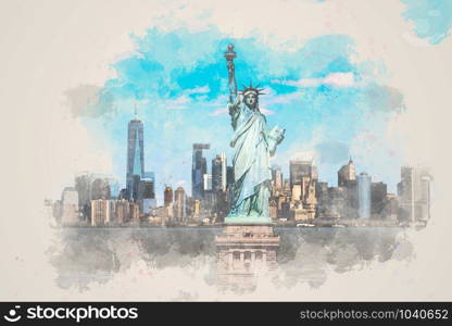 Digital Watercolor The Statue of Liberty over the Scene of New York cityscape river side which location is lower manhattan,Architecture and building with tourist, illustration and art concept