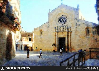 Digital watercolorstyle representing a glimpse of one of the churches of Otranto in Salento in Puglia, Italy. watercolorstyle representing a glimpse of one of the churches of Otranto in Salento in Puglia, Italy