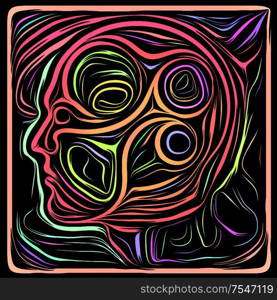 Digital Woodcut . Life Lines series. Abstract background made of human profile and woodcut pattern on the theme of human drama, poetry and inner symbols