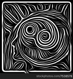 Digital Woodcut . Life Lines series. Arrangement of human profile and woodcut pattern on theme of human drama, poetry and inner symbols
