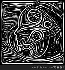 Digital Woodcut . Life Lines series. Composition of human profile and woodcut pattern as a metaphor for human drama, poetry and inner symbols
