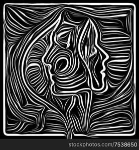 Digital Woodcut . Life Lines series. Composition of human profile and woodcut pattern as a metaphor for human drama, poetry and inner symbols