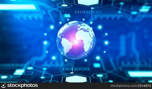 Digital world and Convergence technology with Abstract Blue Background. Future of the internet and mixed media. Global Social Network and Business Connection Concept. 3D illustration.