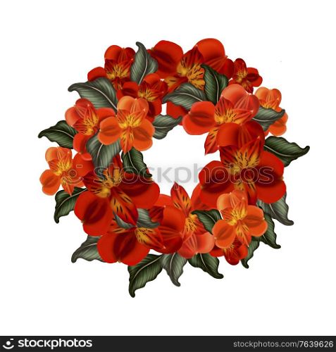 Digital Wreath, round frame of flowers of Alstroemeria, lilies. Spring greeting card wedding, happy birthday, happy Valentine&rsquo;s Day, March 8, advertising, sales, discounts, labels. Illustration. Digital Wreath, round frame of flowers of Alstroemeria, lilies. Spring greeting card wedding, happy birthday, happy Valentine&rsquo;s Day, March 8, advertising, sales, discounts, labels.