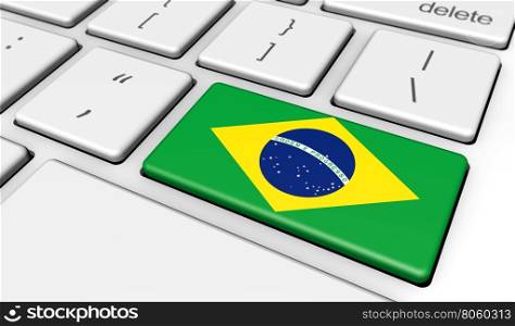 Digitalization and use of digital technologies in Brazil with the Brazilian flag on a computer key 3D illustration.