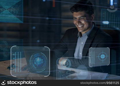 Digitally enhanced shot of a handsome businessman working in the office superimposed over multiple lines of computer code
