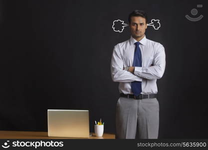 Digitally generated image of furious young businessman with steam coming from ears in office