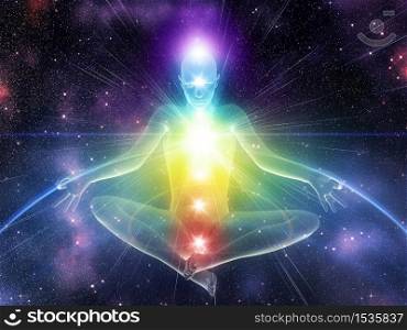 Digitally rendered 3d illustration of human maneken in yoga position with glowing chakras background.