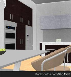 Digitally rendered modern kitchen with grey walls, 3d illustration.
