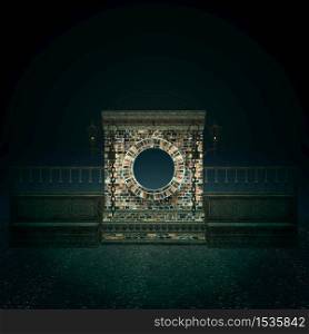 Digitally rendered old brick wall with round window in the night, 3d illustration.