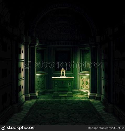 Digitally rendered old gothic crypt indoors, 3d illustration.