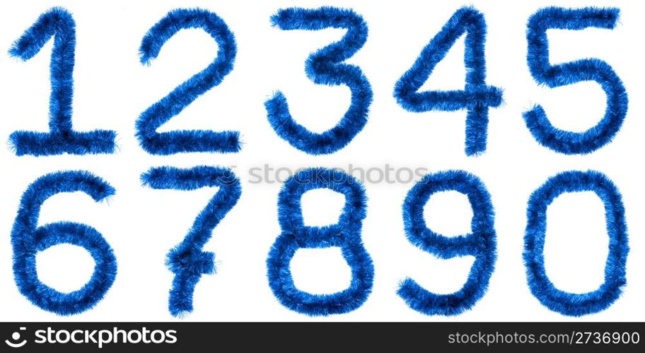 Digits made of blue tinsel isolated on white background