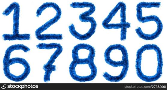 Digits made of blue tinsel isolated on white background