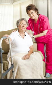 Dignified senior woman in a nursing home, with a caring nurse.