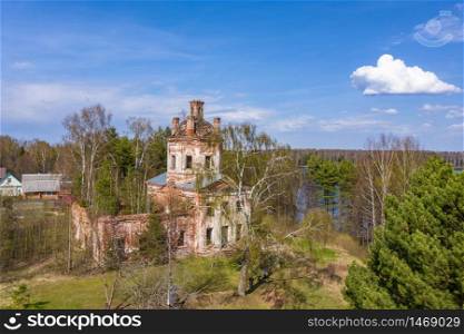 Dilapidated Church of St. George the Victorious on a spring day in the village of Egoriy, Ivanovo Region, Russia.