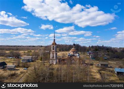 Dilapidated Church of the Assumption of the Blessed Virgin Mary in the village of Parkhachevo, Ivanovo Region, Russia, aerial view.