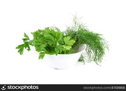 dill and parsley at plate isolated on a white background